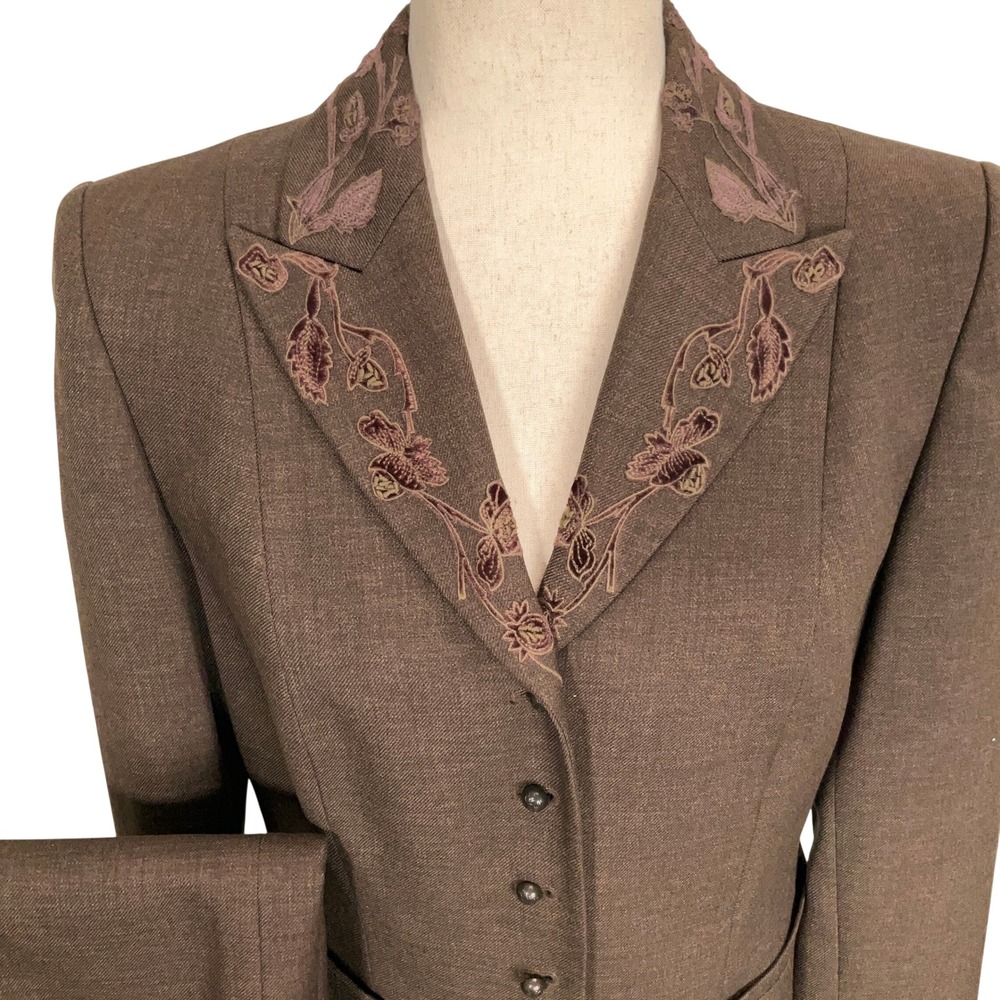 Kasper Skirt Suit Women 8 Brown Embroidered Lapel Button Front Blazer